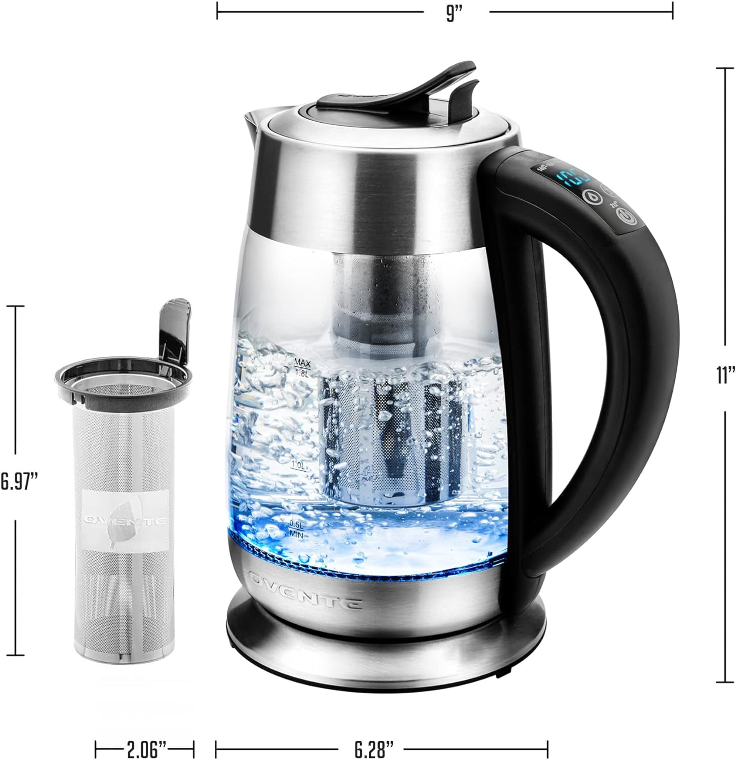 OVENTE Electric Glass Kettle Water Boiler 1.8 Liter BPA Free - 1500W w/Stainless Steel Infuser, Set Temperature Control, Auto Shut Off, Portable Fast Instant Heater for Coffee & Tea - KG661S