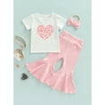 thumbnail image 2 of Toddler Girl BellBottoms Outfit Letter Print T-Shirt + Ribbed Flared Trousers + Headband 3 Pcs Pant Clothing Sets, 2 of 8
