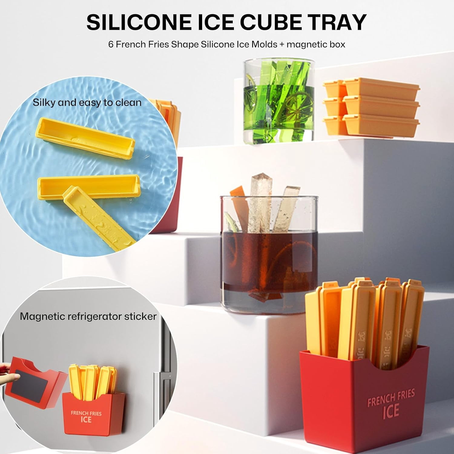 French Fries Shape Silicone Ice Cube Tray 6 Pcs Set, Funny Long Thin Strips Ice Molds for Summer Whiskey Juice Coffee Narrow Mouth Glass Cups Cool Block Mold