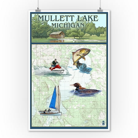 Michigan Wall Decor Mullett Lake, Michigan - Nautical Chart - Lantern Press Poster (9x12 Art Print, Wall Decor Travel Poster) ()