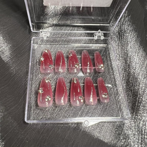 10pcs 3D Red Rhinestone Translucent Reusable Glitter Gradient Handmade Press On Nails (S)