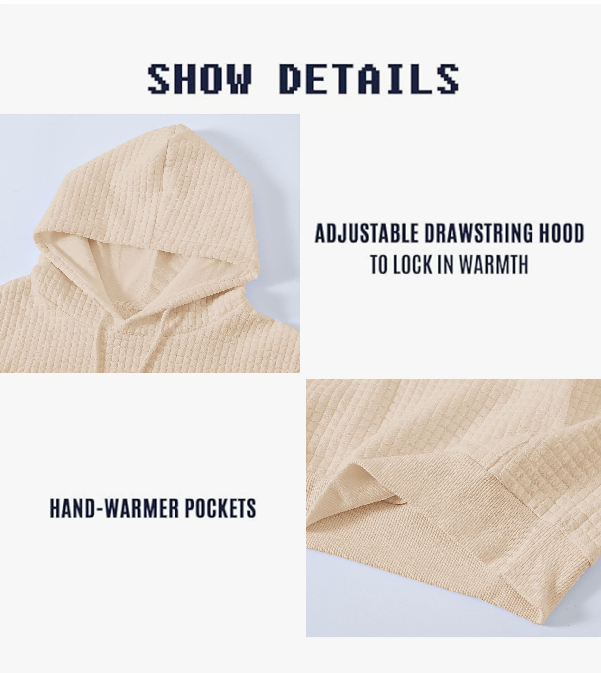 Satankud Men's Pullover Hoodies Plaid Jacquard Weave Long Sleeve Drawstring Hipster Casual Hooded Sweatshirts with Kanga Light Beige L