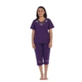thumbnail image 2 of Unik Women's Short Sleeve Embroidered Roses Blouse and Matching Capri Set, Purple Size Large, 2 of 2
