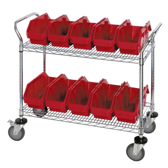 Quantum Storage Systems WRC2-1836-1265RD Wire Heavy Duty Wheels 2 Shelves 38" H x 36" W x 18" D with 10 Red Bins 13" L x 7" W x 5" H