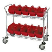Quantum Storage Systems WRC2-1836-1265RD Wire Heavy Duty Wheels 2 Shelves 38" H x 36" W x 18" D with 10 Red Bins 13" L x 7" W x 5" H
