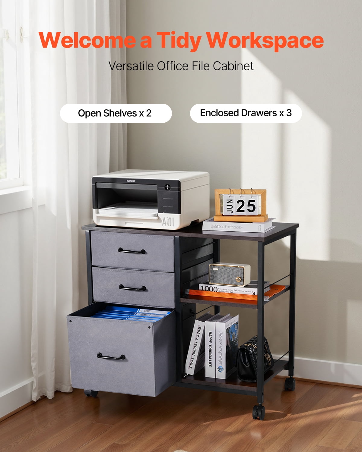 VEVOR Metal File Cabinet, Mobile Filing Cabinet with 3 Fabric Drawers and 2 Open Shelves, Wooden Vertical Filing Storage Cabinets with Wheels for Letter, A4, Legal Size File, Easy Assembly, Brown