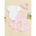 thumbnail image 6 of Baby Girls Summer Outfit, Short Sleeve Letters Print Romper with Plaid Flare Pants and Headband, 6 of 10