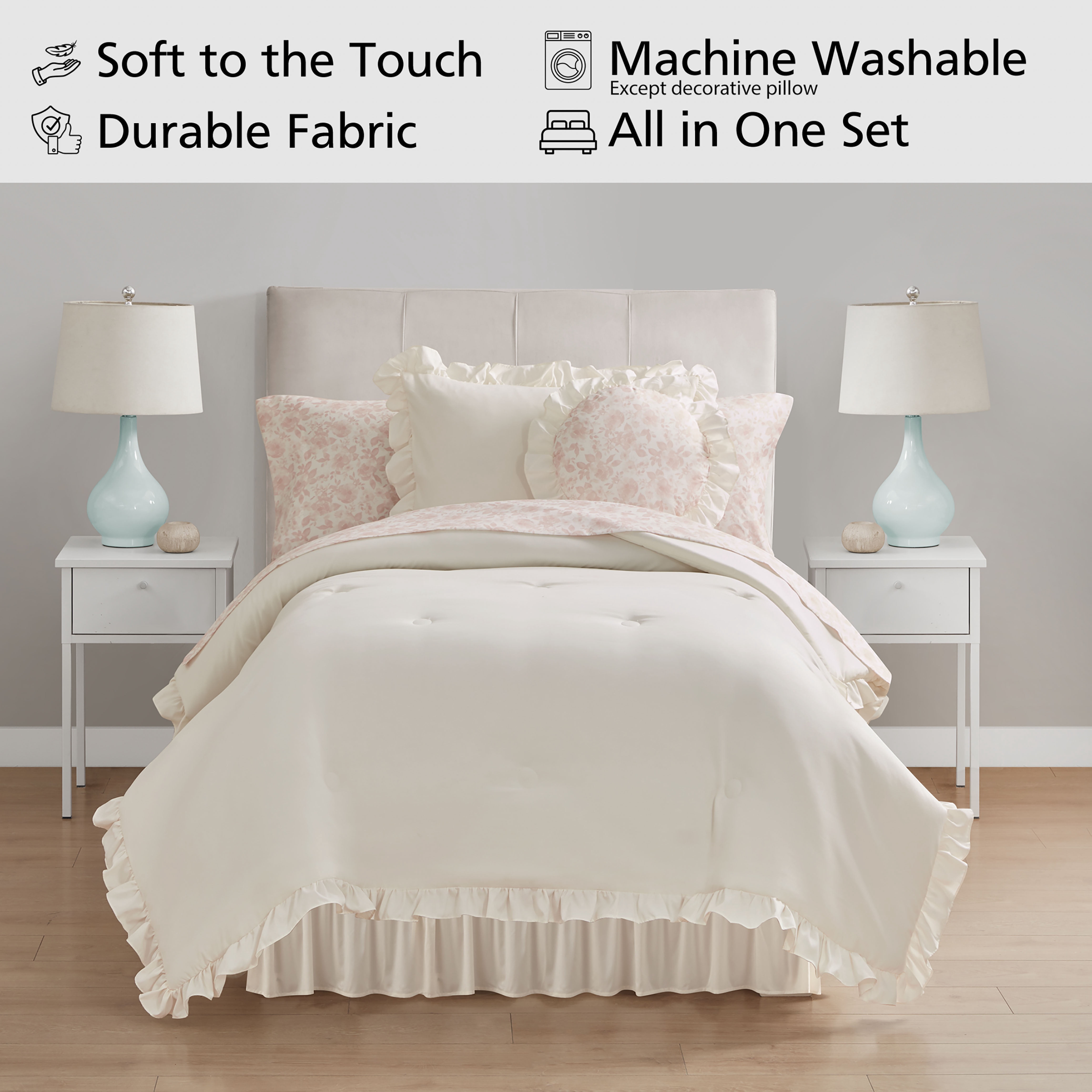 Mainstays Reversible 8-Piece Bed-in-a-Bag Comforter Set with Sheets, Cream Ruffle, Twin/Twin-XL