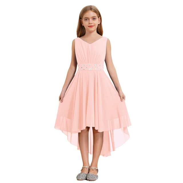 Riismen Robe de Demoiselle d'Honneur en Chiffon Sans Manches Ourlet Haut Bas Robe de Fête d'Anniversaire Fille Fleur Rose 12