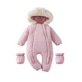 thumbnail image 2 of Baby Winter Snowsuit Toddler Fleece Romper Hooded Jumpsuit Infant Boys Girls Warm Zipper Outerwear with Foot Cover Pink 9-12 Months, 2 of 6