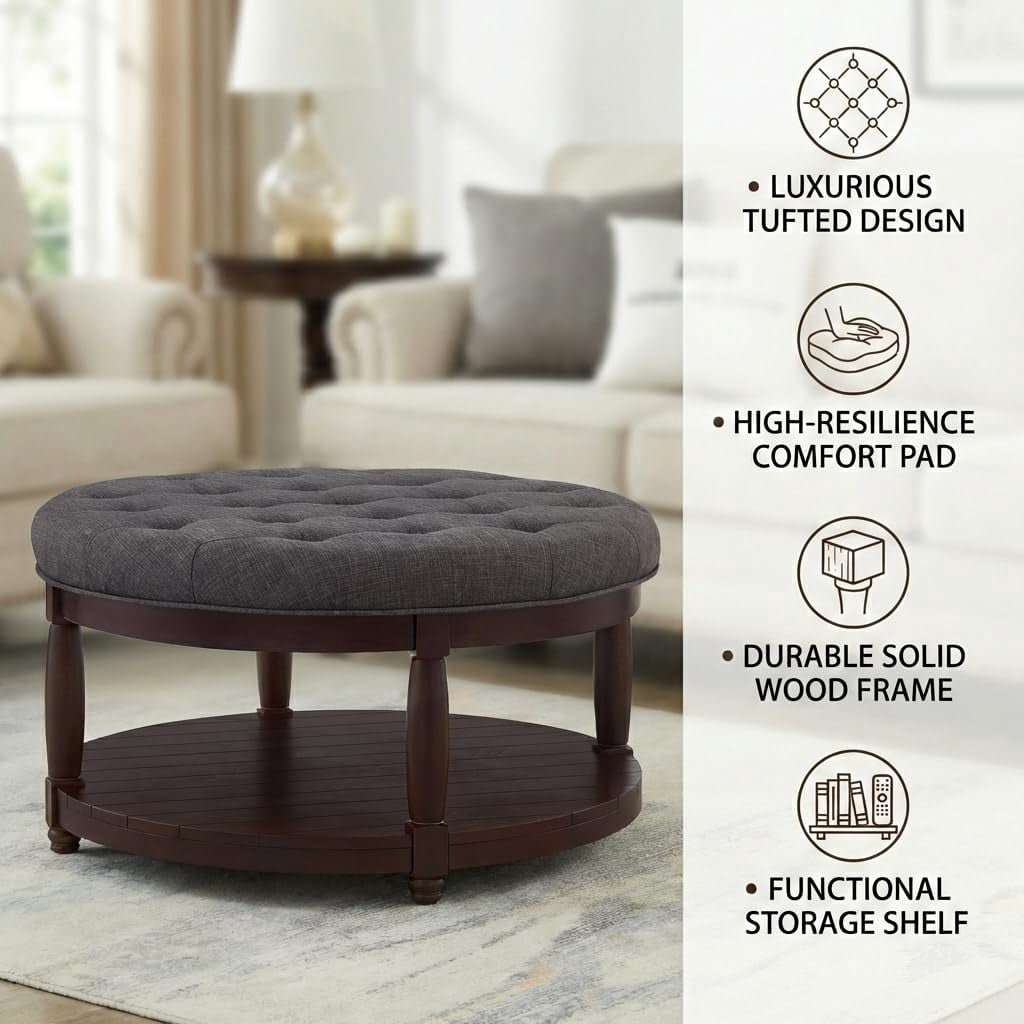 ODUWA Coffee Table Ottoman with Storage Shelf, Tufted Upholstered Footrest Stool, Solid Wood Base Accent Table for Living Room