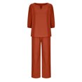 thumbnail image 5 of Women's Cotton Linen 2 Piece Outfit Wide Leg Pants Sets Solid Color Soft Tracksuits Elegant Lounge Sets Loose Clothes for Ladies Casual Suit Sets 3/4 Sleeve V Neck Shirt Orange M, 5 of 6