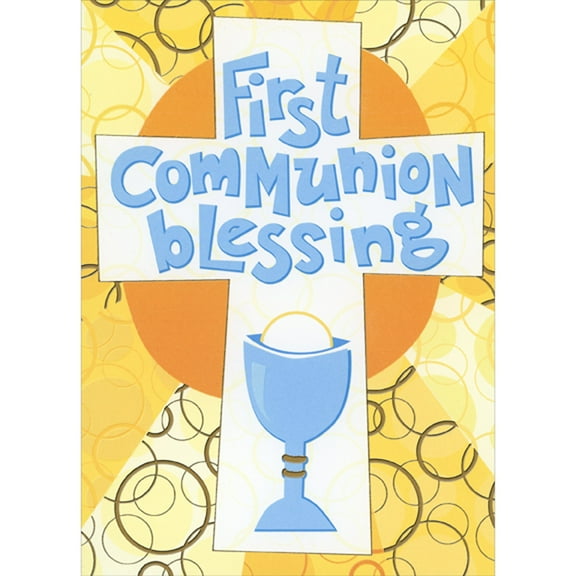 Designer Greetings Light Blue Chalice on Large White Cross Over Orange Sun 1st / First Communion Congratulations Card