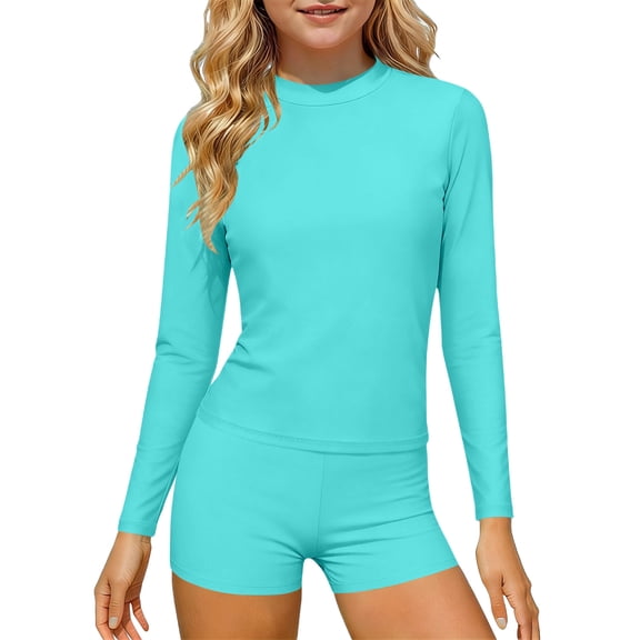 Babcutegg Girls'Summer Beach Two-Piece Swimsuit Set – Solid Color Long Sleeve Rash Guard Top with Matching Swim Shorts for Sun Protection and Water Activities Light Blue Size 11/12