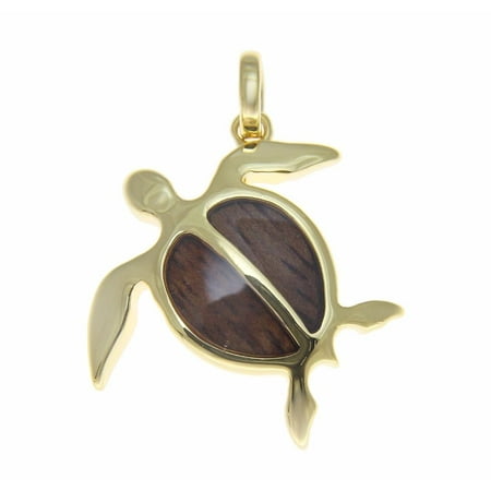 Koa Sea Turtle - Koa Wood Hawaiian Honu Sea Turtle Yellow Gold Plated Brass Pendant