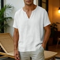 thumbnail image 4 of Klisyaur Men's Cotton Linen Shirt Short Sleeve V Neck Casual Lightweight Breathable Tee for Summer Beach, 4 of 5