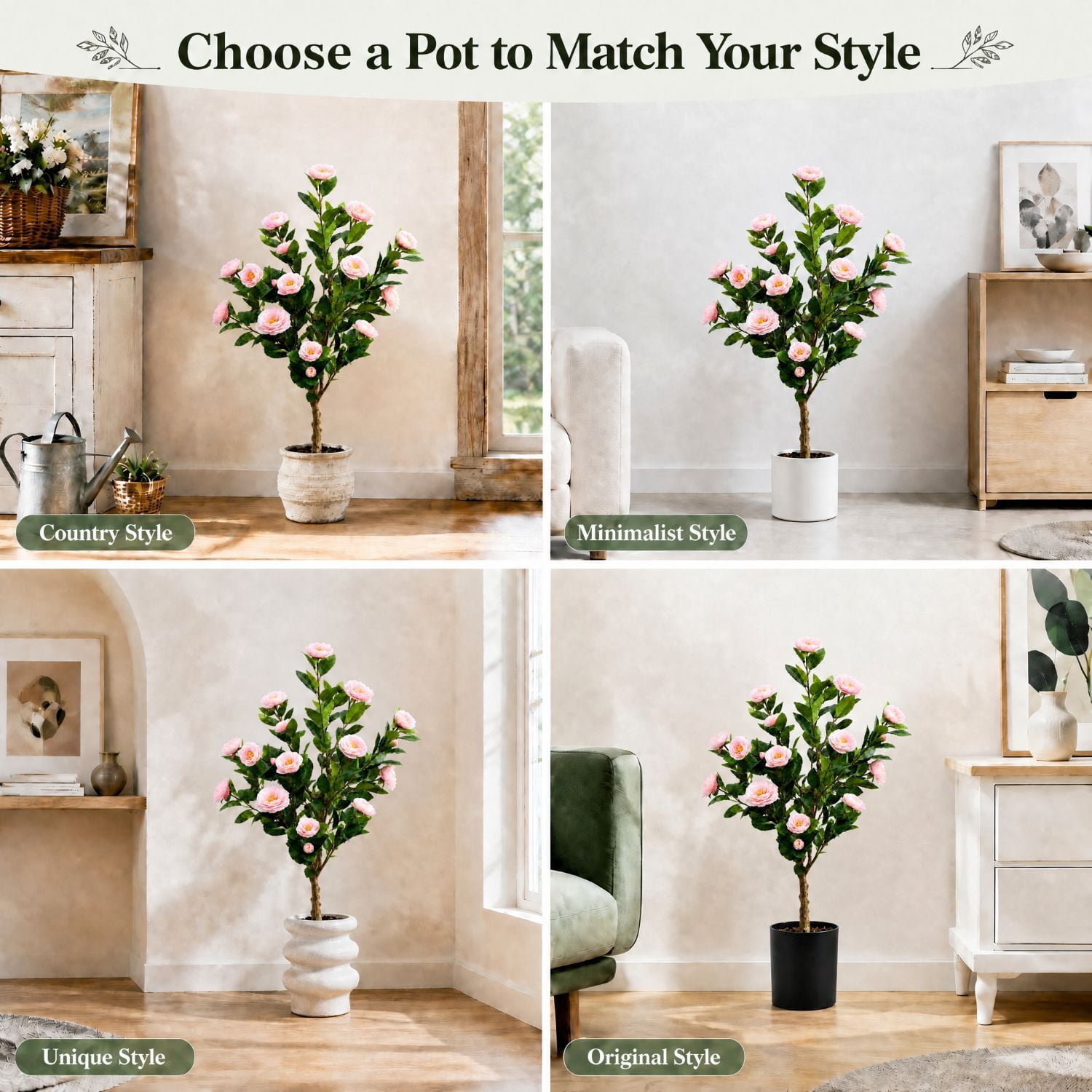 Easy4Home 3.3FT Artificial Flower Plant Fake Camellia Tree Potted Indoor, Pink