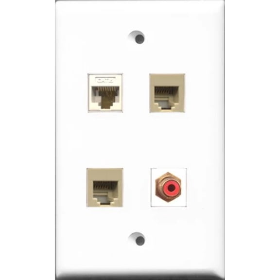 RiteAV 1 Port RCA Red 2 Port Phone RJ11 RJ12 Beige and 1 Port Cat6 Ethernet White Wall Plate