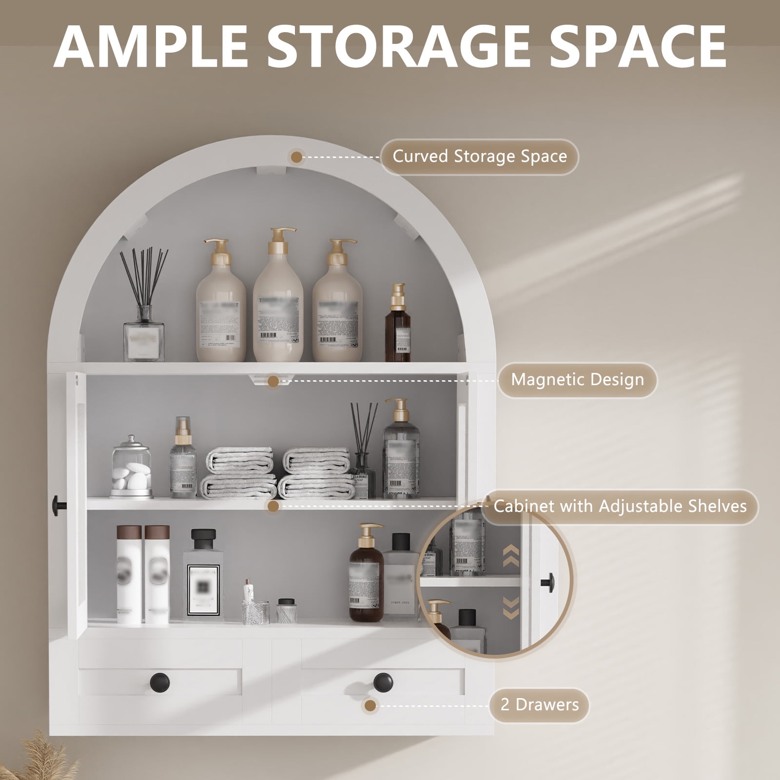 Arched Bathroom Wall Cabinet with 2 Drawers & Glass Doors, Curved Wall Mounted Medicine Cabinet with Adjustable Shelf, Over-The-Toilet Storage Cabinet for Bathroom Organizer & Space Saving (White)