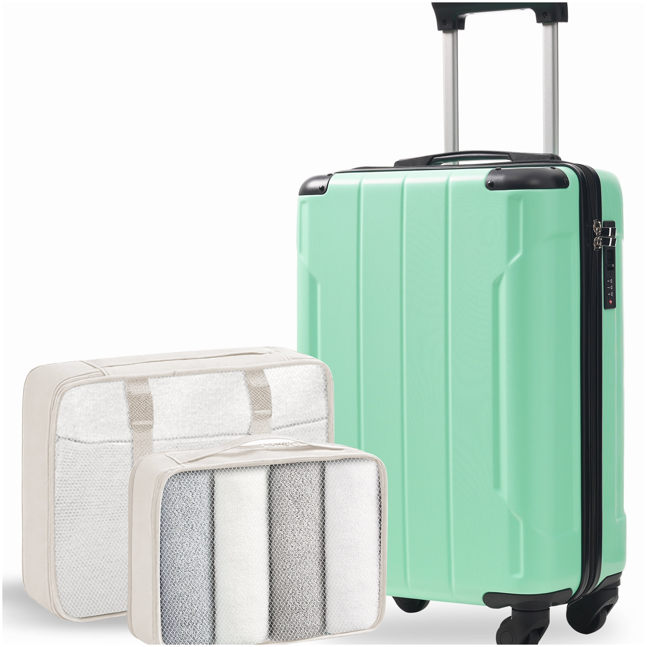 20 Inch Carry On Suitcase with Spinner Wheels & TSA Lock, Lightweight ABS Hardshell Luggage with Packing Cubes, Creamy Green