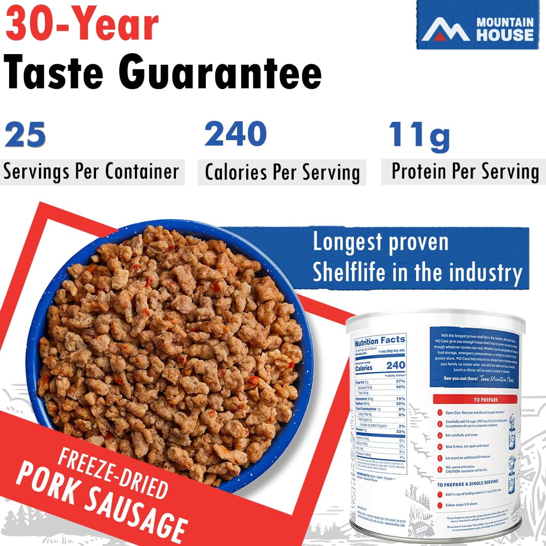 Mountain House Fully Cooked Pork Sausage with Mild Spice Freeze Dried Survival Camping Food, 32.4 oz, Can (6 Pack)
