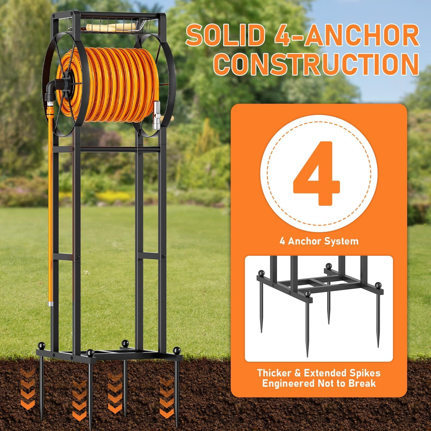 Garden Hose Reel Stand with Storage Rack - 125ft 5/8” Water Hose Organizer Holder, 4 Ground Spikes & Hooks, 3.9ft Leader Hose Brass Fitting, Detachable Metal Frame, Black