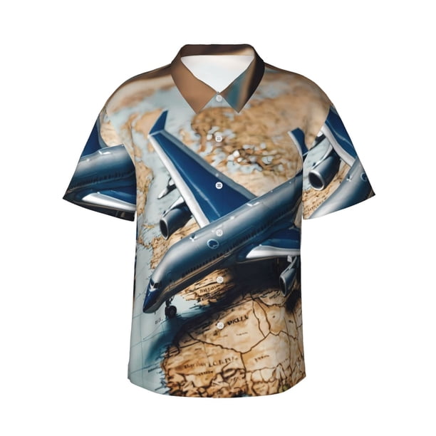 Fotbe Airplane World Map Adventure Camisa Hawaiana para Hombre Unisex – Camisa Casual de Verano con Botones de Manga Corta de Algodón y Lino,XX-Large