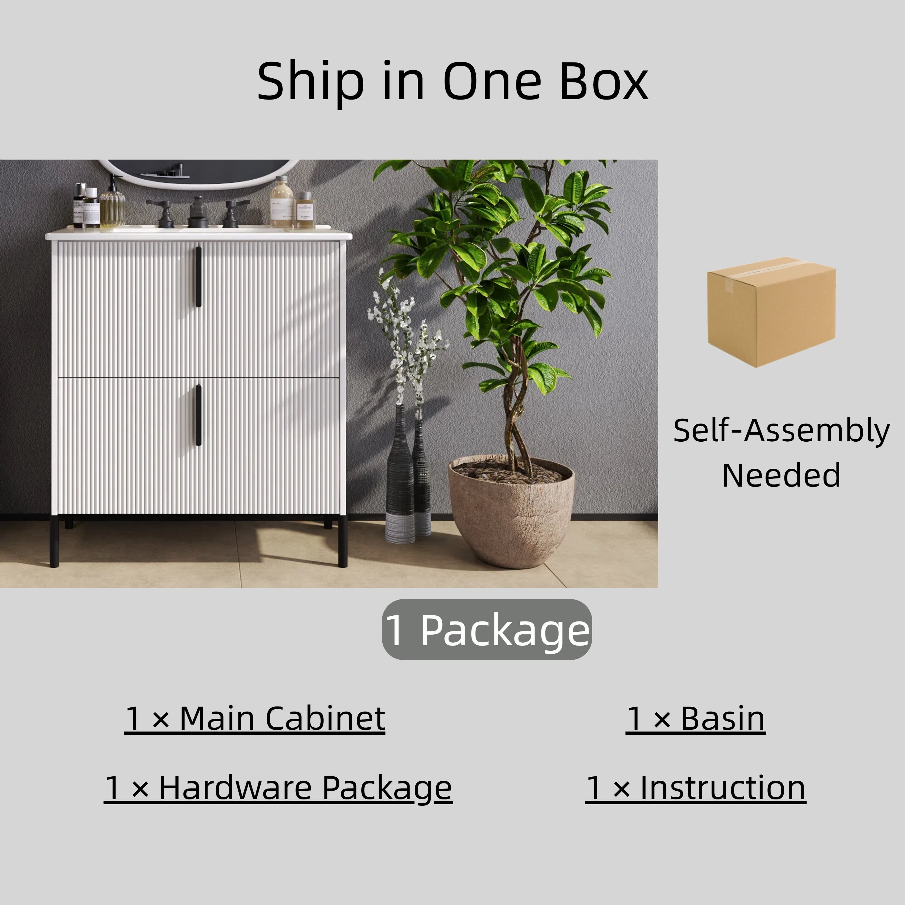 30" Bathroom Vanity with Ceramic Sink and Full-Extension Drawers, Soft Close Undermount Drawer Slides, Fluted Design, White