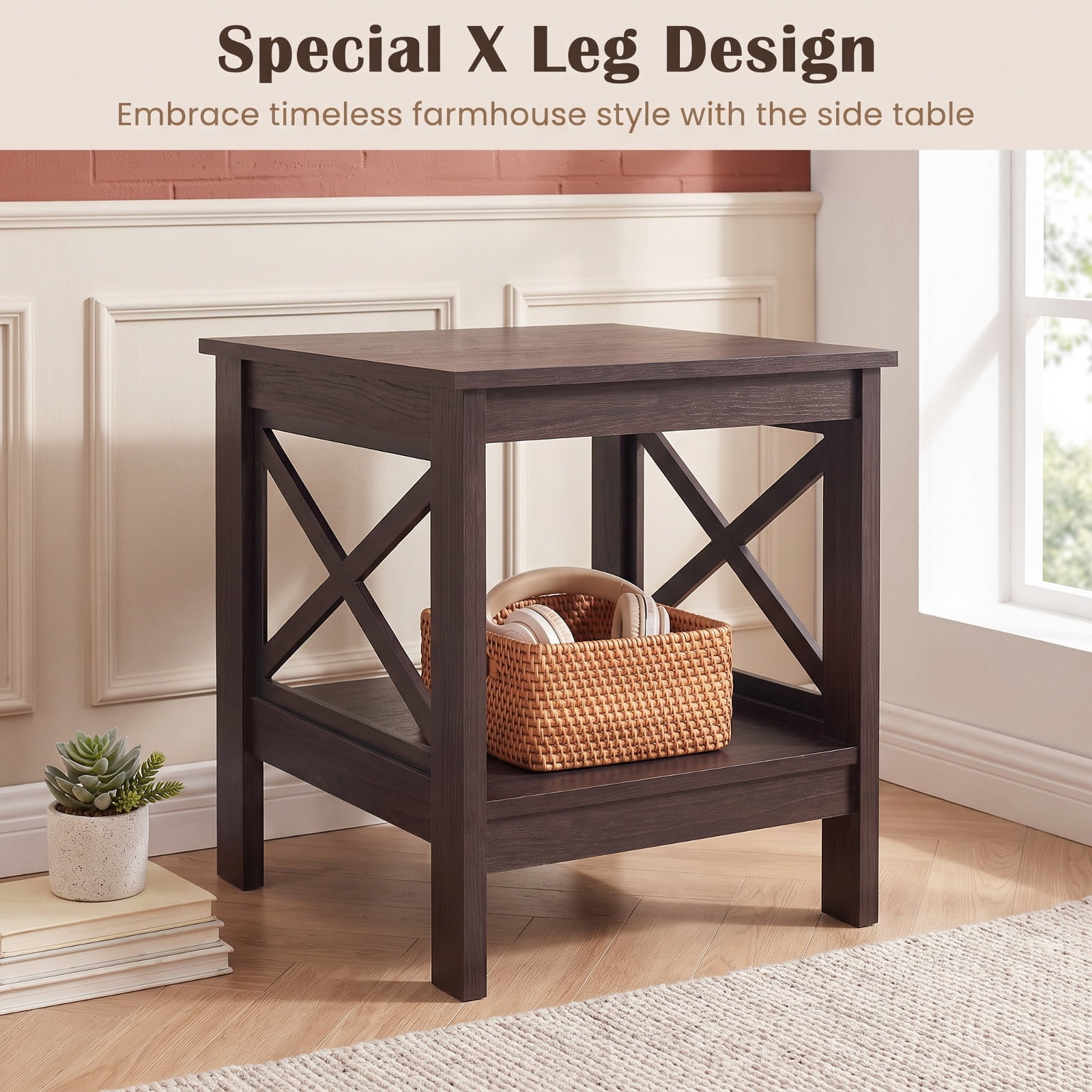 Furnibear 2 Tier Square Side Table with Storage Shelf and Farmhouse X Frame for Bedroom Living Room and Sofa Side, Brown