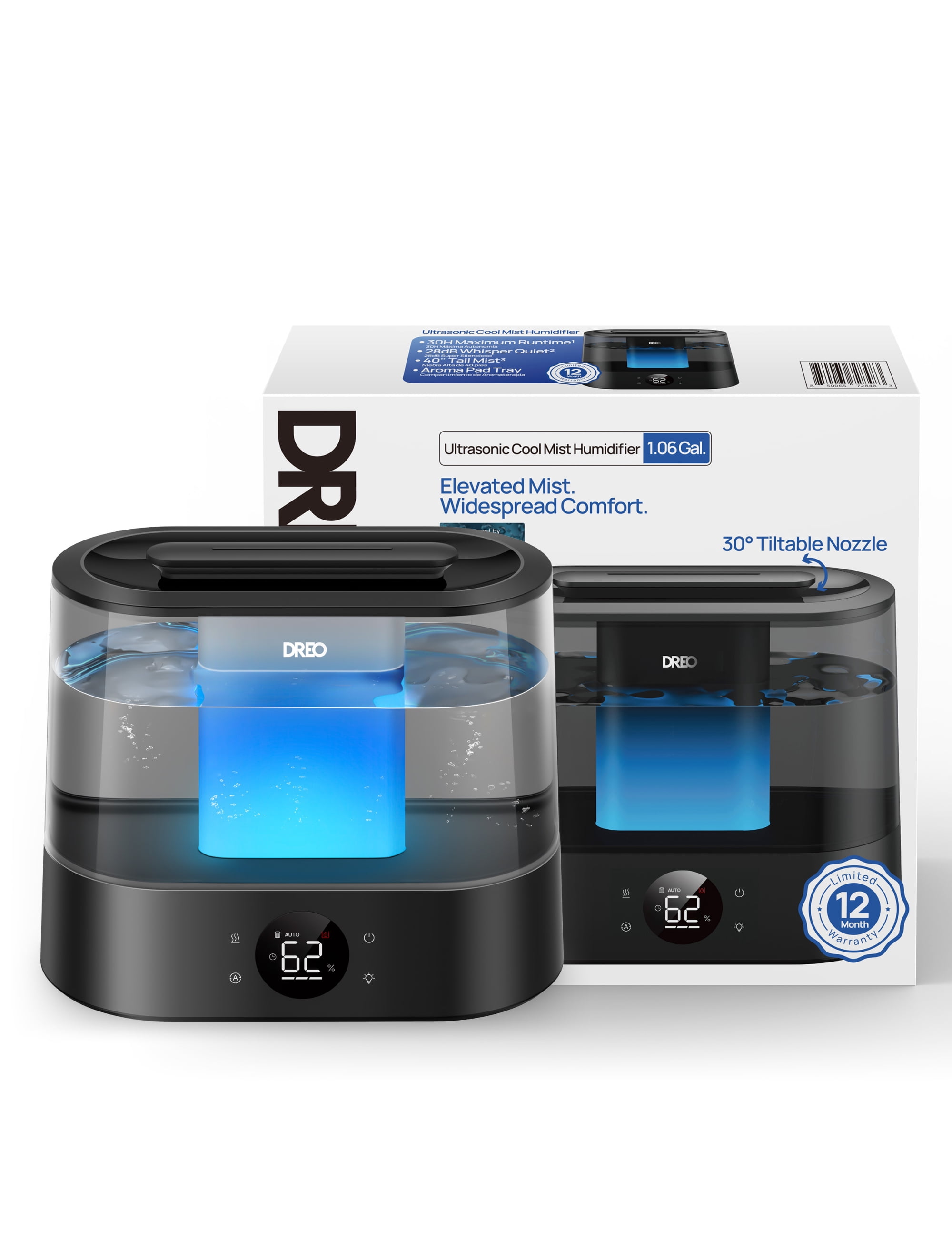 DREO 1.06 gal Cool Mist Humidifier with Night Light for Large Roorm 36H Runtime Top-Fill 28dB Quiet for Bedroom, Black