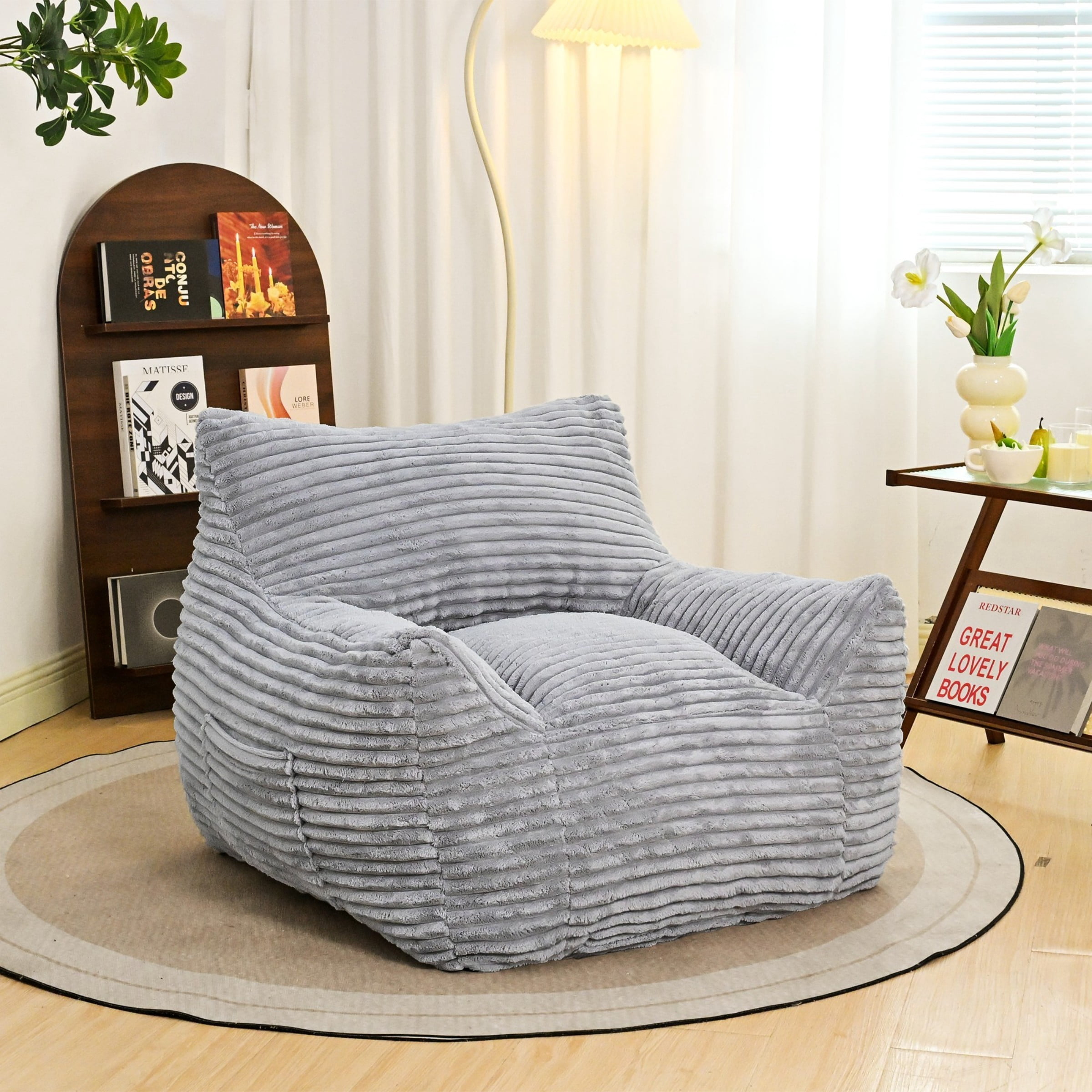 Oversized Bean Bag Chair for Adults with Armrests, Comfy Foam Lounge Sofa Chair for Living Room Bedroom Dorm, Light Gray