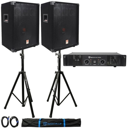 (2) Rockville RSG10 DJ PA Speakers + Rocville RPA5 Amp + Stands + Cables + (Best Dj App For Ipad)