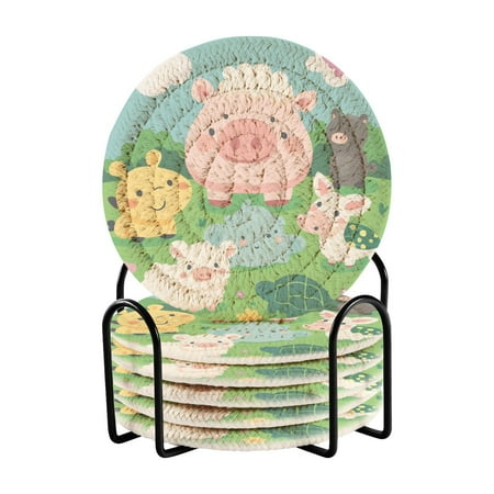 

6-Pack Polyester Coil Coasters with Holder - Heat-Resistant (140℃) Non-Slip & Durable，Cute Animal Characters