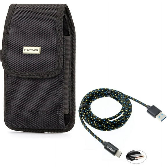 Rugged Canvas Case Vertical Holster Belt Clip w Black Durable Braided 6ft Long Type-C Cable Rapid Charger Sync USB Wire Q7V for LG V40 ThinQ, V35 ThinQ, G7 ThinQ, Stylo 4 Plus