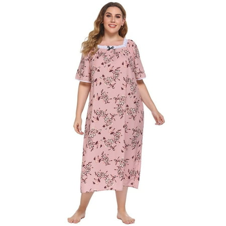 

Spring Ladies Short Sleeve Printed Floral Nightdress Casual Long Dress 2020 A 3XL
