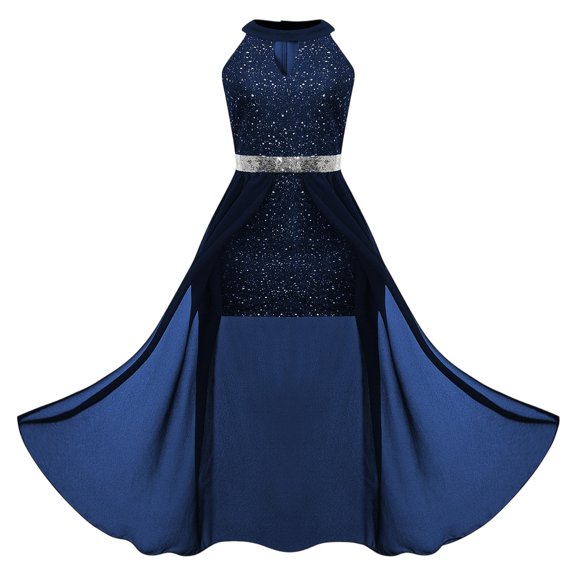 Bobifish Toddler Girls Formal Dress Sparkle Sequin Tulle Halter Sleeveless Sheath Long Dress Evening Party Kids Girls Dresss
