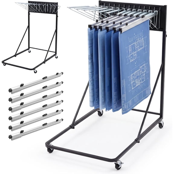 Mobile Blueprint Holder Rack, Adjustable Rolling Drawing Stand With 6 Clips Adjustable Mobile Blueprint Rack with 6 Aluminum Clips, 4 Wheels Rolling Stand for Construction Plans, Drawings and Paper