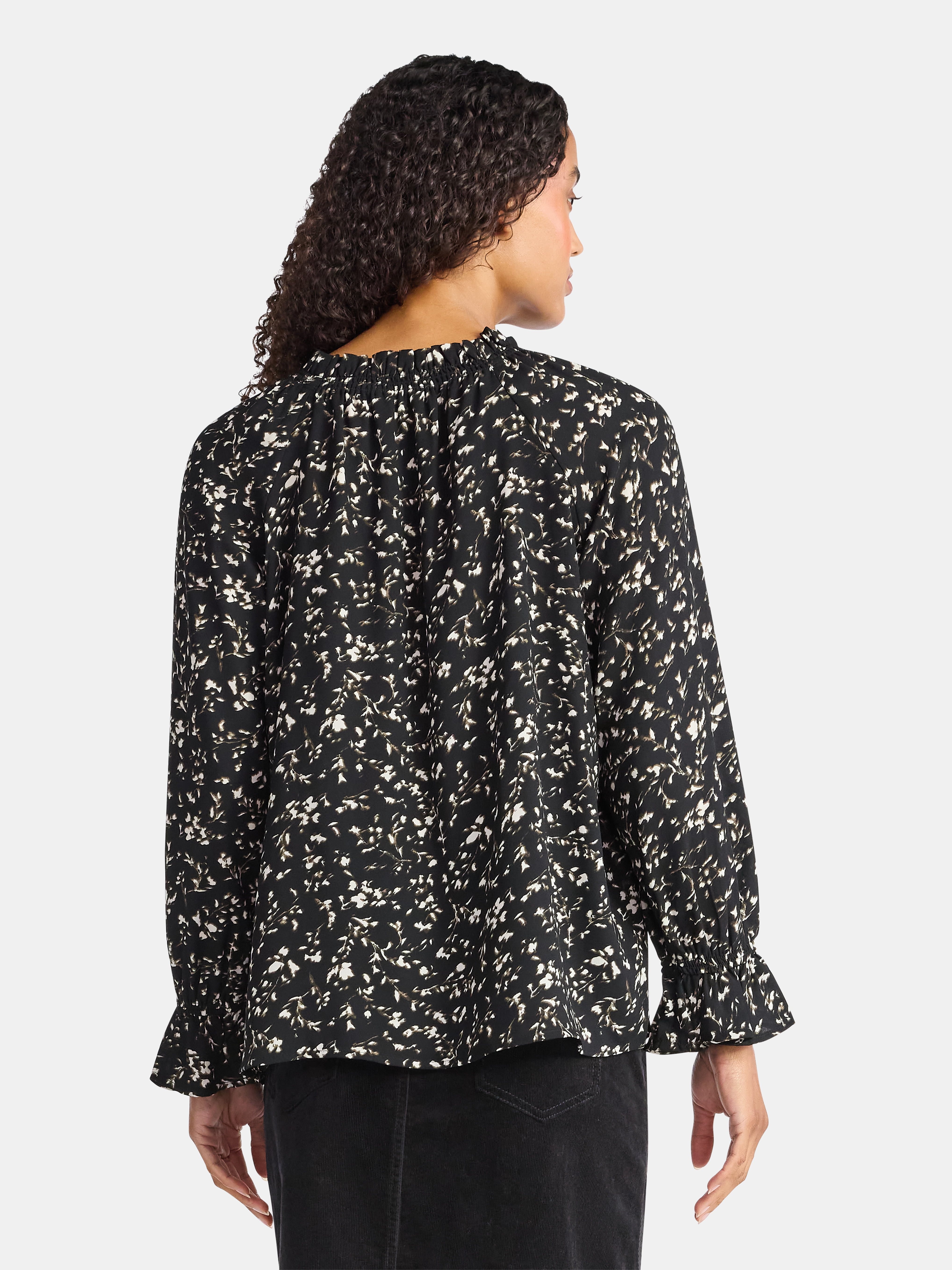 Time and Tru Women's Ruffle Neck Blouse with Long Sleeves, Size XS – XXXL