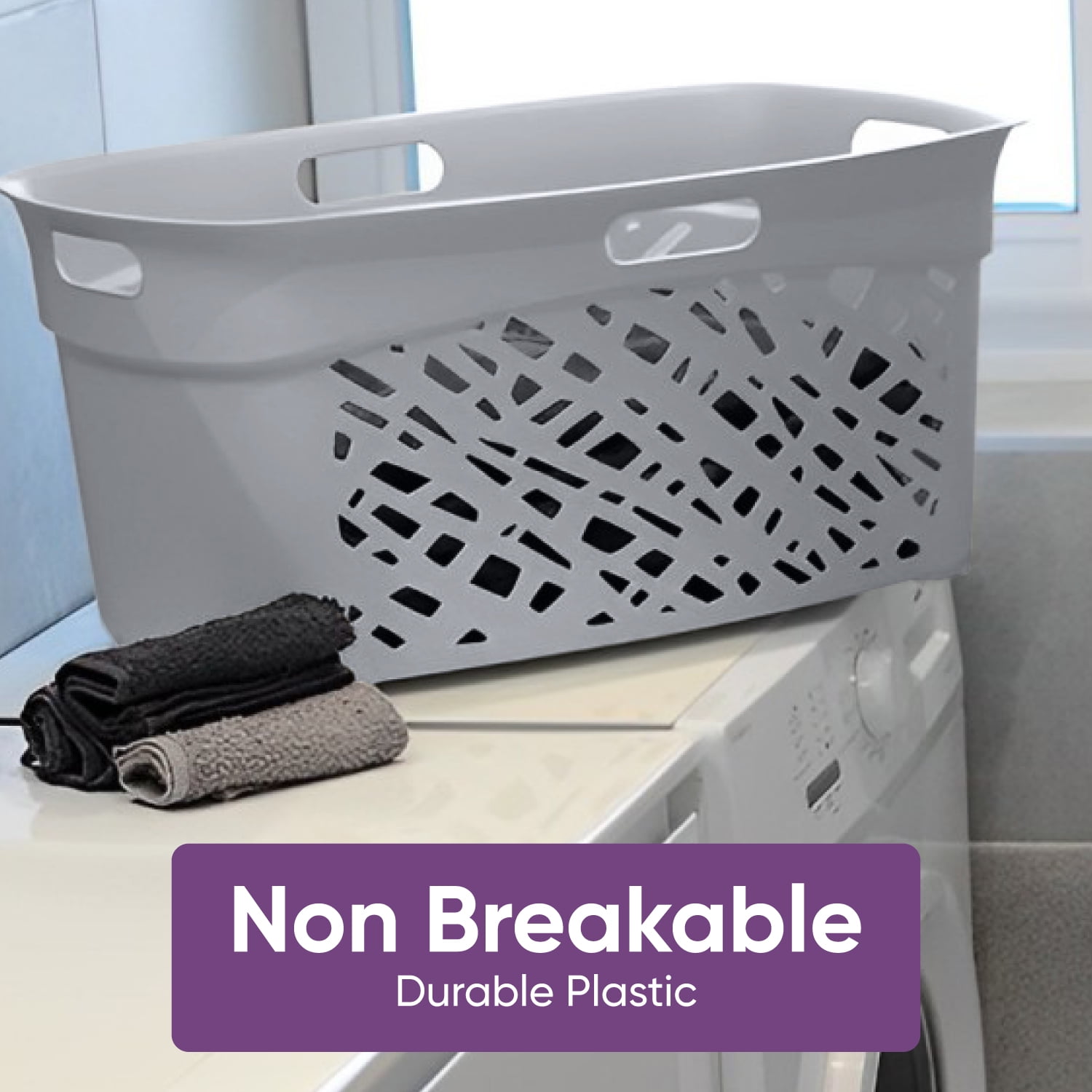 Non-Breakable Mosaic Laundry Basket, 45L -Dark Gray, Decorative Storage, Vented Design, Made in France, Modern Home Organizer