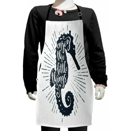 

Enjoy the Little Things Kids Apron Seahorse with Uplifting Words Starburst Inspired Lines Boys Girls Apron Bib with Adjustable Ties for Cooking Baking Painting Slate Blue and White by Ambesonne