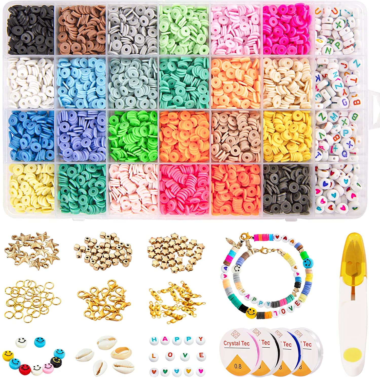 UALAU 5000pcs Polymer Clay Beads Kit, 29 Color Clay Flat Beads, Letter Beads, Star, Lobster Clasps, Shell, Smiley, Hearts DIY for Jewelry Making Bracelet Necklace Earring Ring Keyrings, Craft for Kids