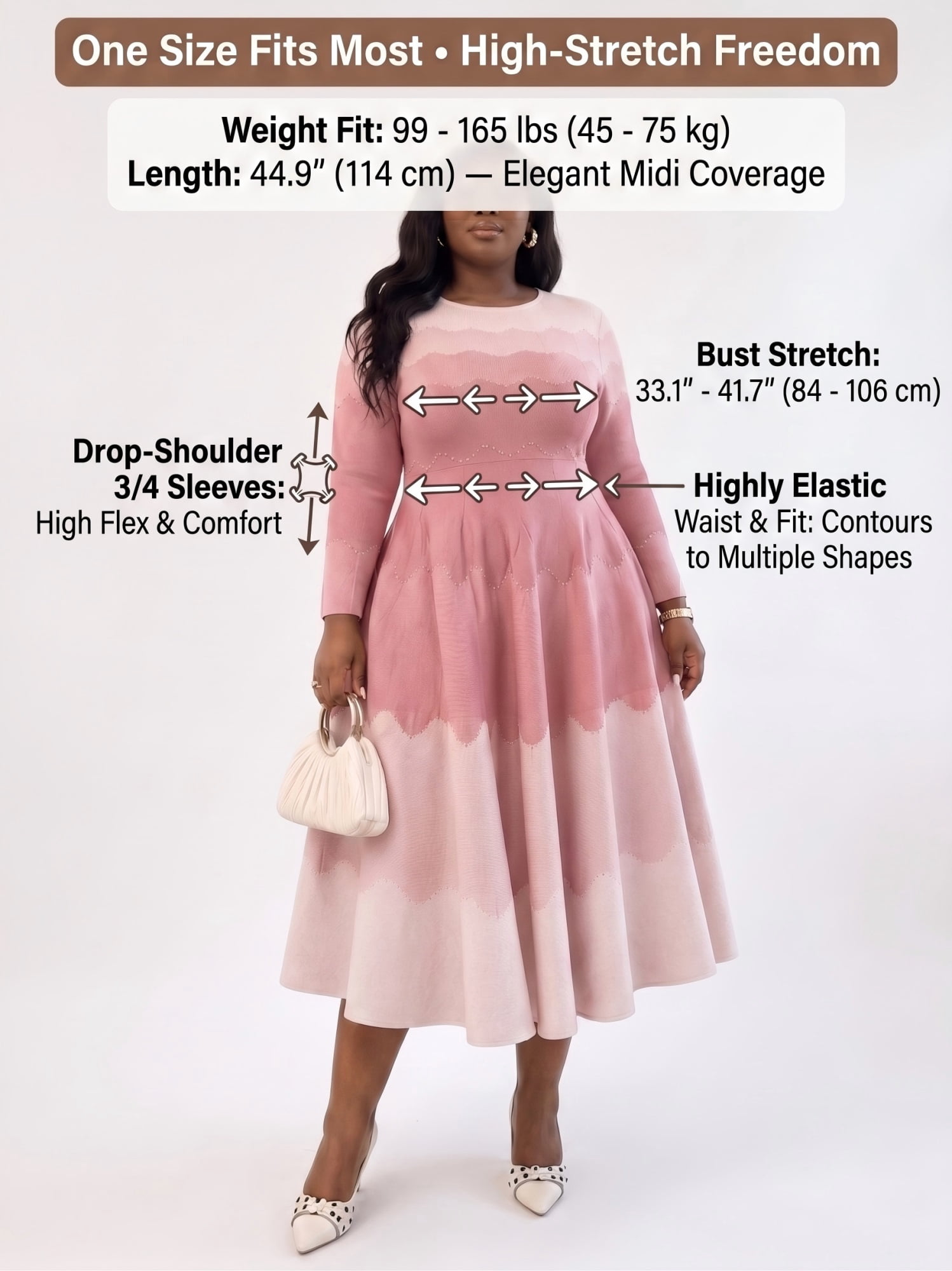 Bouncy Dresses for Women Church Elegance Pearl Midi Dress, 3/4 Sleeve Flowy A-Line, High Stretch One Size