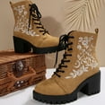 thumbnail image 4 of Xfvqtps Womens Ankle Boots Embroidered Western Fashion Chunky Heel Booties with Side Zipper Boho Casual Lace up Mid Heel Boots for Women Khaki, 4 of 9