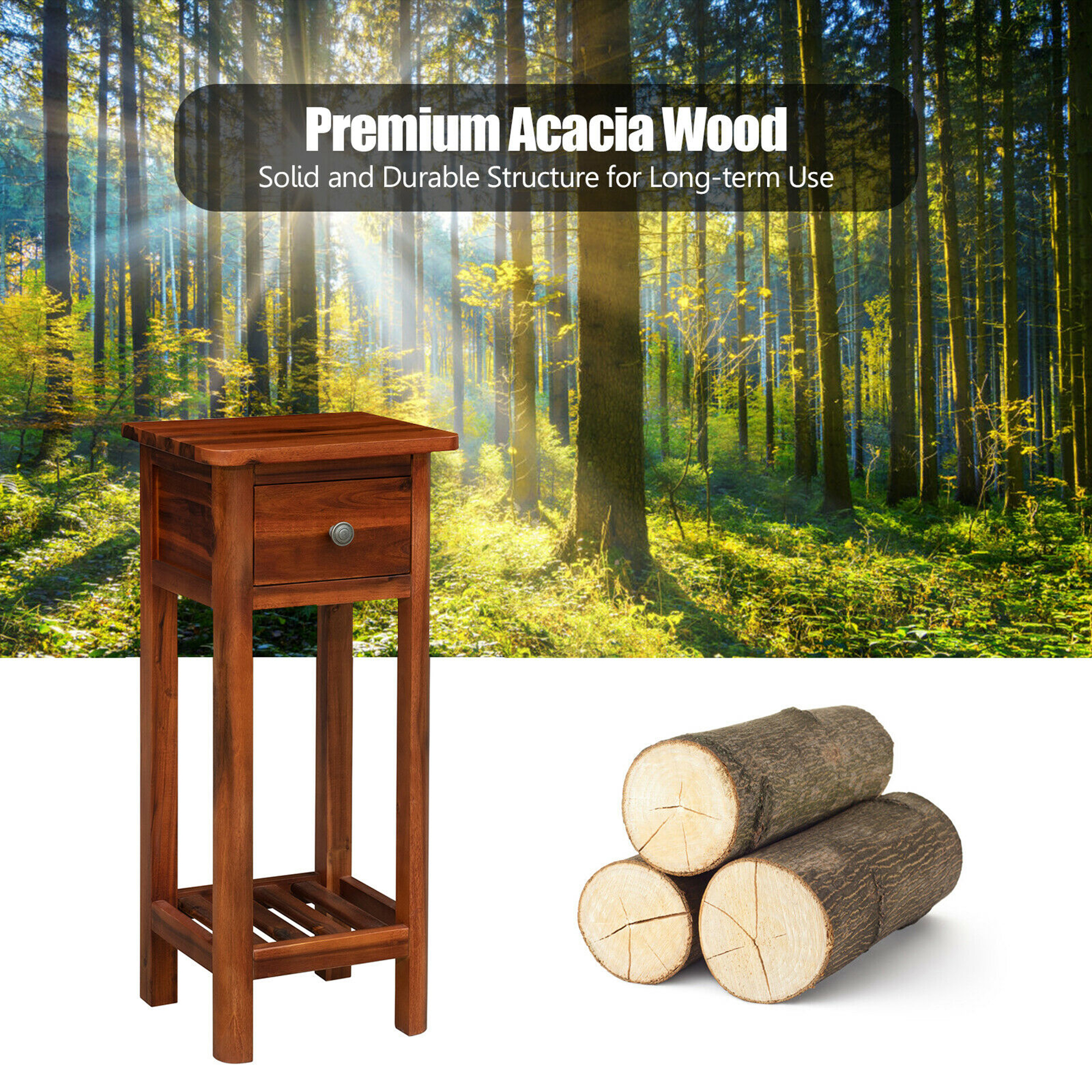 Gymax Acacia Wood Side Table with Drawer (Set of 2), Brown