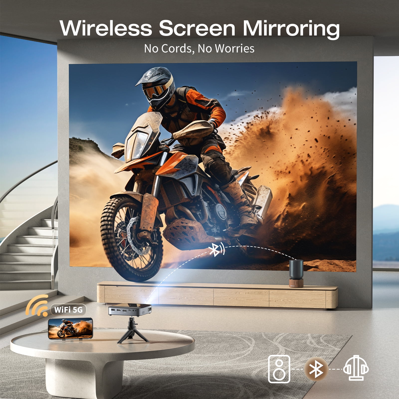 Wireless Projector, Thinnest 0.82" Portable Mini Projector, 7000mAh Built-in Battery for Instant Use, Includes Stand, Home Outdoor Projector with WiFi and Bluetooth, 4K 1080P Supported, Full HD