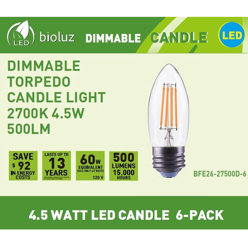 6 Pack Bioluz LED 60 Watt Candelabra Bulbs Medium Base, Candelabra Bulbs, Dimmable Filament Clear 60 Watt LED Bulbs (Uses only 4.5 watts), E26 Base C37 LED Filament Candle Bulbs