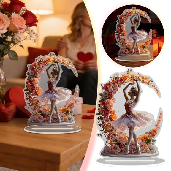 HKYSANG Valentine Floral Moon Ballerina Acrylic Desk Ornament – Elegant Dance-Themed 2D Art Table Decor for Home or Office