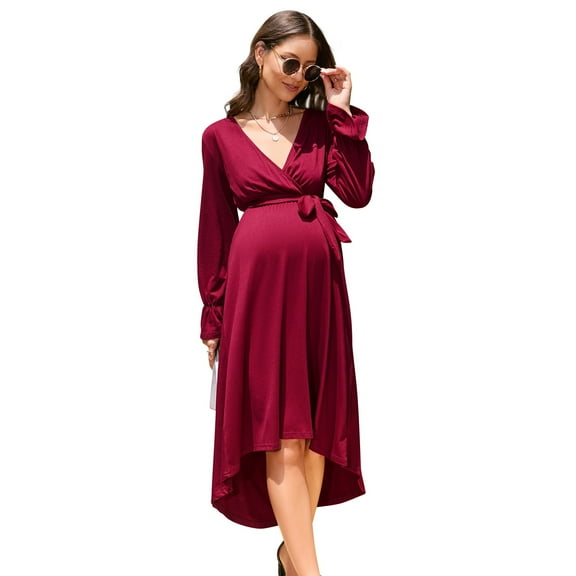 Women V Neck Wrap Maternity Dress Lantern Long Sleeve Tie High Waist A-Line Flowy Dress with Belt