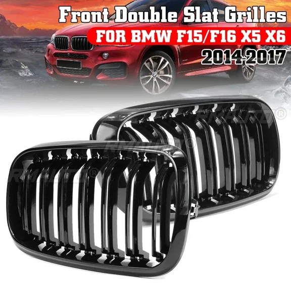 2Pcs Gloss/ Black Car 2 Slat Line Kidney Grille for BMW F15 F16 X5 X6 2014 2015 2016 2017 Front Bumper Racing Grille Body Kit