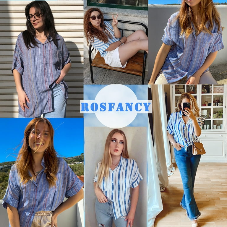Rosfancy Womens Stripe V Neck Button Down Blouse Shirts Short